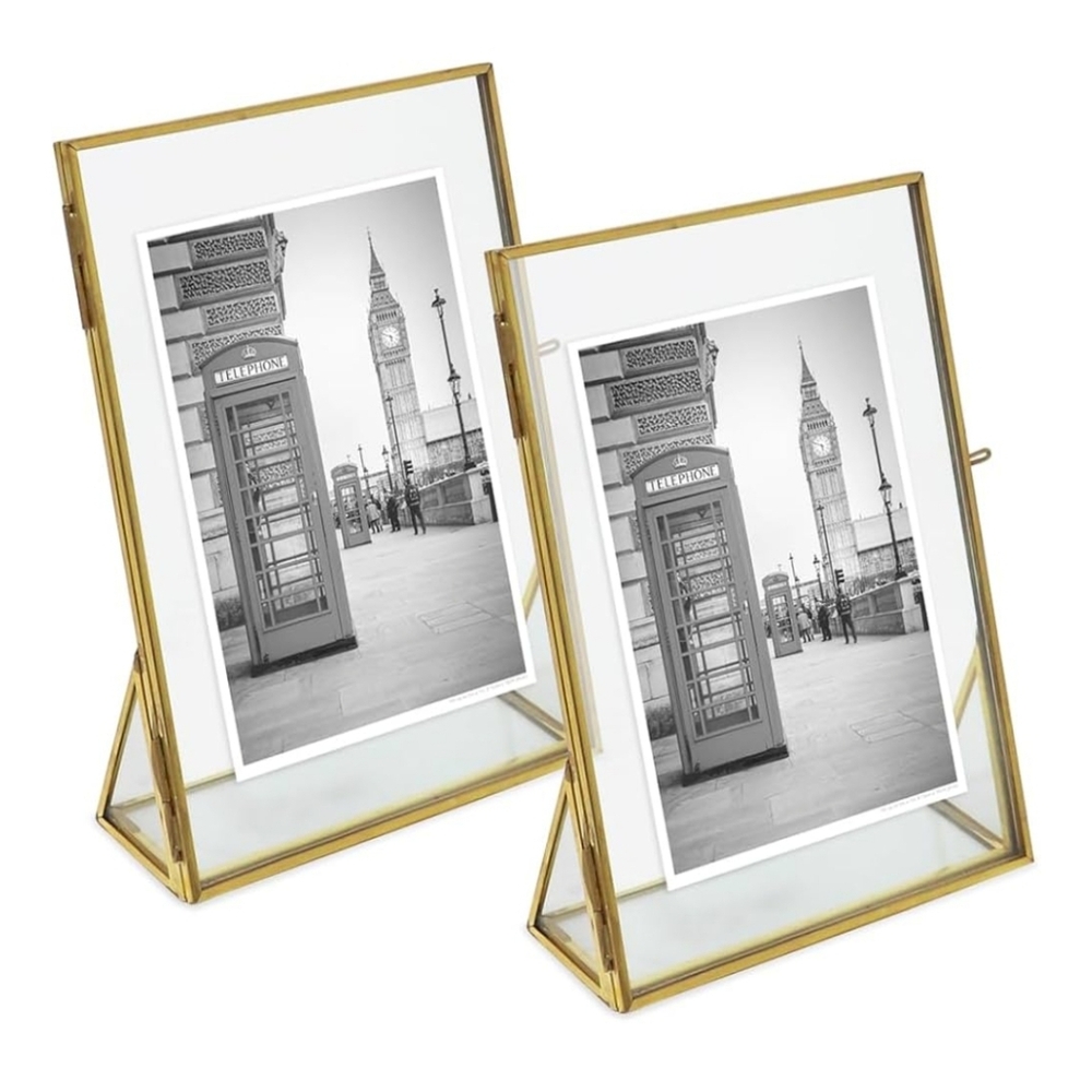 Isaac Jacobs NWT 2pk 4"x6" Brass & Glass Vertical Floating Frames